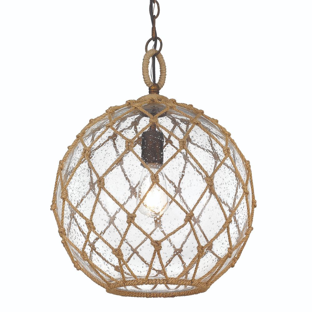 Golden Lighting 1092-M BC-SD Haddoc Medium Pendant in Burnished Chestnut with Seeded Glass